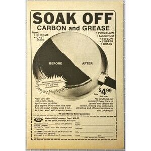 Walnut Hill Co. Soak Off Carbon and Grease form Pots & Pans" Vtg Print Ad 1982